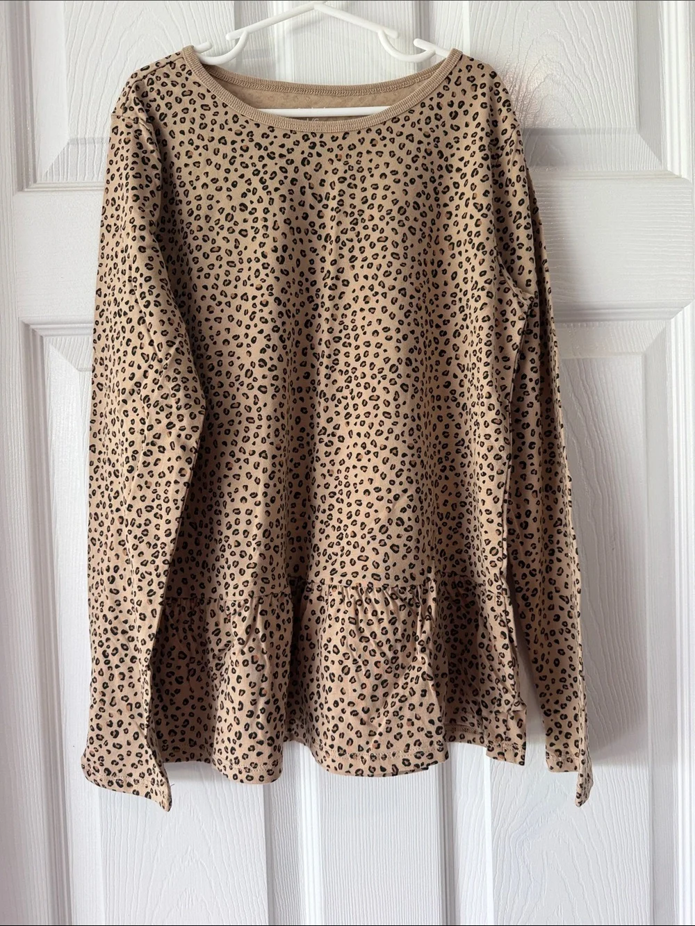 Girls Leopard Print Long-Sleeve Peplum Top - Tan